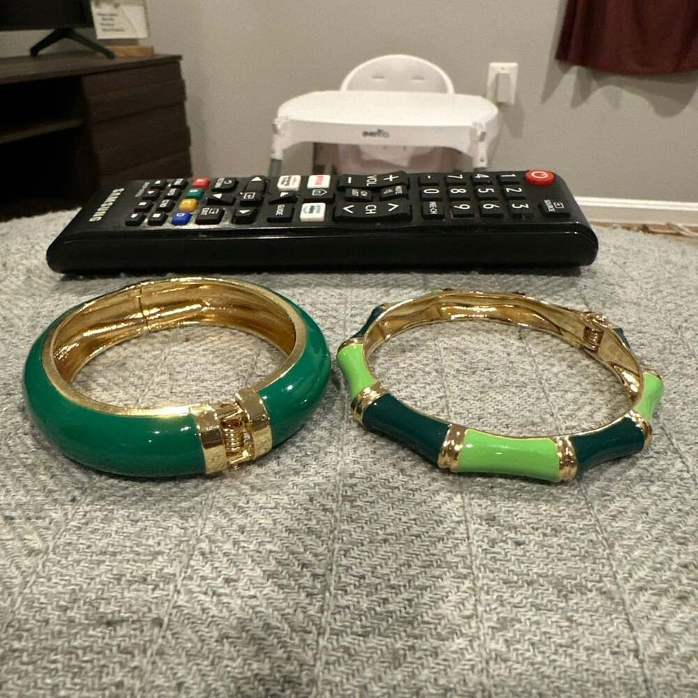 Green and Light Green Enamel Gold-Tone Bamboo and Solid Hinge Bangle Bracelets